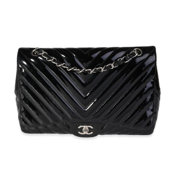 Chanel Black Chevron Quilted Patent Leather Jumbo Classic Single Flap Bag - Picture 1 of 8